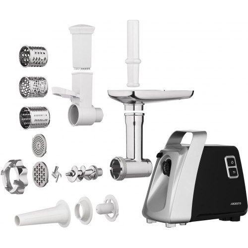 М'ясорубка Ardesto, 2100Вт, 2кг/хв, 3 решітки, насадка для ковбас, кеббе, томатів, 3 терки, бургер-прес, пластик, чорно-срібний
