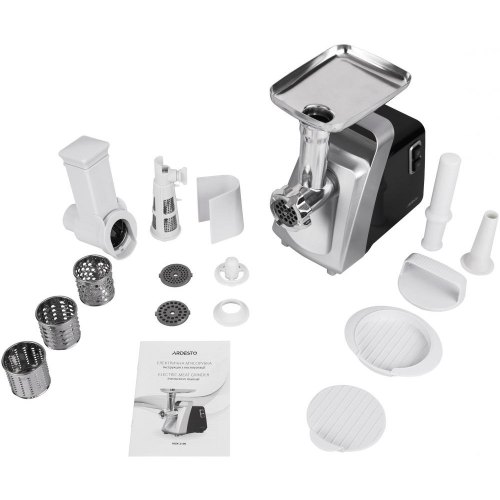 М'ясорубка Ardesto, 2100Вт, 2кг/хв, 3 решітки, насадка для ковбас, кеббе, томатів, 3 терки, бургер-прес, пластик, чорно-срібний