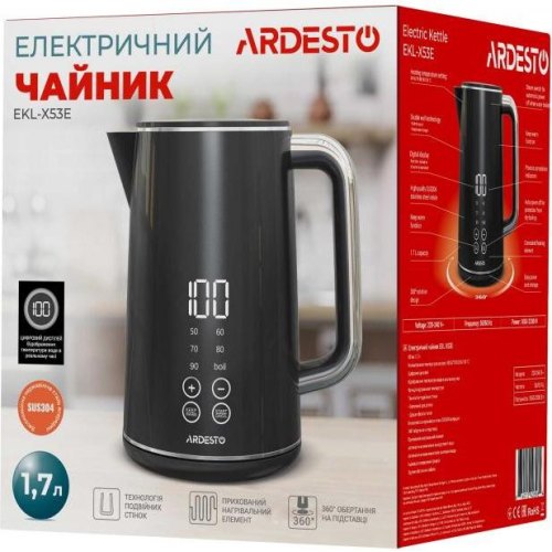 Електрочайник Ardesto Elegance, 1.7л, LED дисплей, подвійні стінки, Otter, чорний глянець