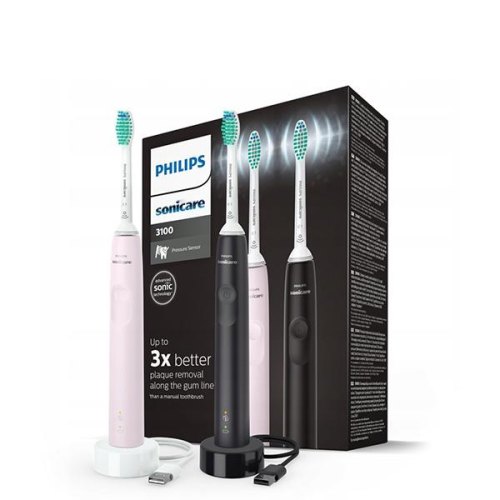 Щітка зубна електр. Philips, Sonicare 3100 series, набір , 31т. колив/хв, насадок-1, 2 шт в наборі, рожевий, чорний