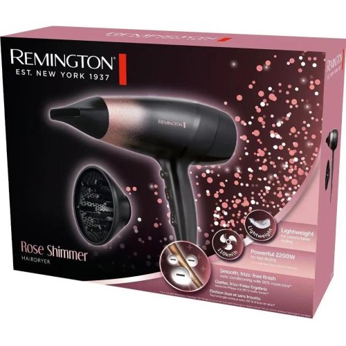 Фен Remington Rose Shimmer, 2200Вт, 3 режими, дифузор, іоніз-я, хол. обдув, чорно-рожевий