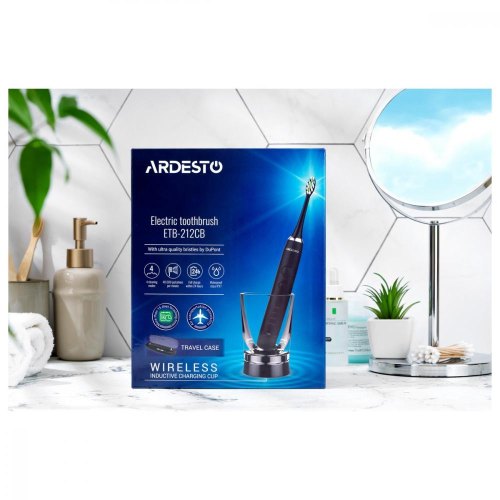 Щітка зубна електр. Ardesto, ETB-212CB, 40т. колив/хв, насадок-4, футляр, IPX7, чорний