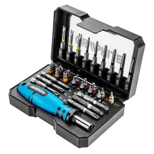 Біти GRAPHITE, набір 31шт, 1/4, бітотримач, PH,R,HT,TT, кейс