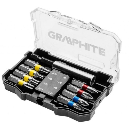 Біти GRAPHITE, набір 9шт, 1/4, подовжувач 60мм, PH,PZ,TX, 25мм, сталь S2, кейс