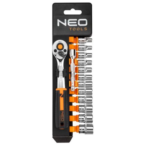 Набір торцевих головок Neo Tools, 14шт, 1/4, тріскачка 90 зубців, CrV