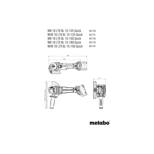 Шліфмашина кутова акумуляторна Metabo WVB 18 LTX BL 15-125 Quick, 125мм, 18В 2х5.5А•год, 2500-10000об•хв, М14, metaBOX 165 L, 2кг