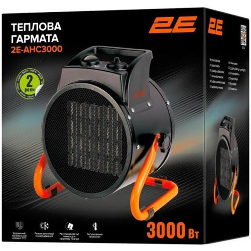 Теплова гармата електрична 2E Ceramic, 3кВт, 30м кв, 280м куб/год, керамічний нагрів. елемент (PTC), чорний