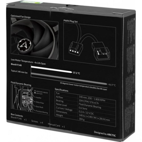 Кулер для корпусу, Arctic 140мм, 26дБ, 1800об/хв, сірий