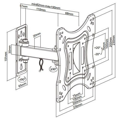 Кронштейн Brateck LPA51-221, діагональ 23 - 42,  Кут нахилу: ?20°?-20°, VESA: 75x75,100x100,200x100 LPA51-221