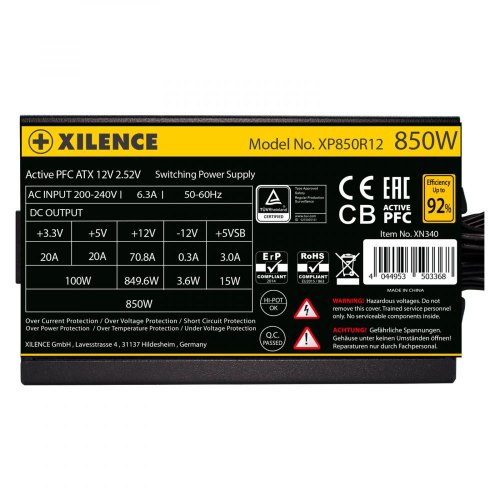 Блок живлення, 850W, Xilence XP850R12 Gaming Gold Series, ATX, 120 мм кулер, КПД 90%, активна PFC, 150x140x86 мм, Retail Box