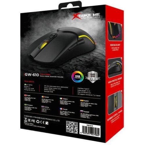 Мишка бездротова, XTRIKE ME GW-610, ігрова, 8000dpi, 7 кнопок, RGB, Black