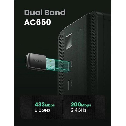 WiFi-адаптер UGREEN CM448 AC650 11ac Dual-Band Wireless USB Adapter Black (20204)
