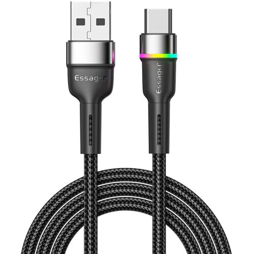 Кабель ESSAGER Colorful LED USB Cable Fast Charging 3A USB-A to Type-C 2m Black (EXCT-XCDA01)
