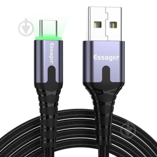 Кабель ESSAGER LED Light USB to Type-C 3A 2M Black (EXCT-XGA0G)
