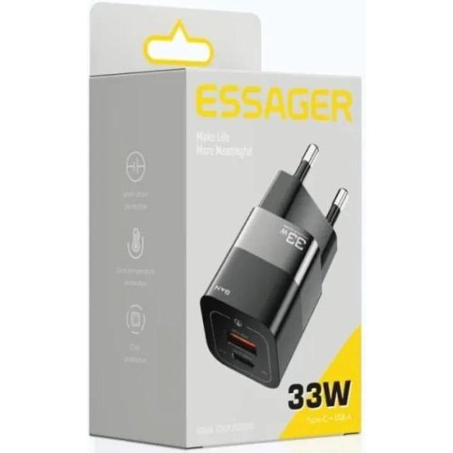 Мережевий зарядний пристрій ESSAGER Square Brick 33W Gallium Nitride Travel Charger USB A+ Type-C EU Black (ECTCA-FZB01)