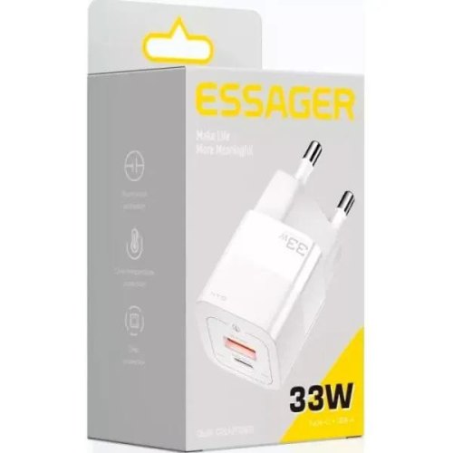 Мережевий зарядний пристрій ESSAGER Square Brick 33W Gallium Nitride Travel Charger USB A+ Type-C EU White (ECTCA-FZB02)