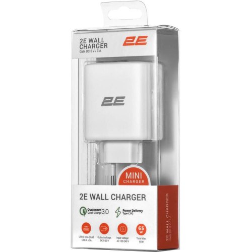Мережевий зарядний пристрій 2E 65Вт 2хUSB-C/USB-A GAN PD/QC, білий