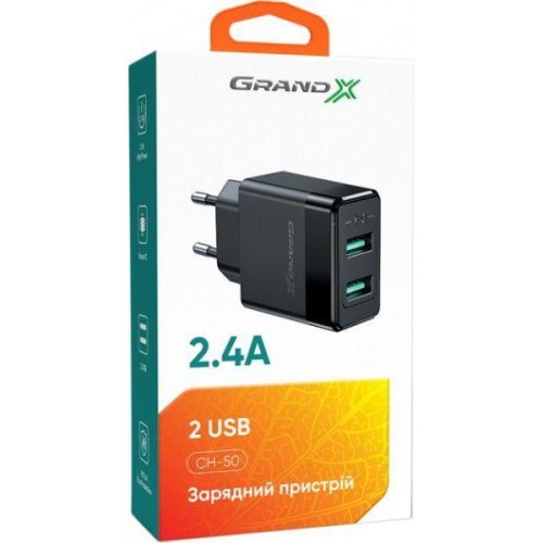 МЗП Grand-X CH-50WT 2USB 5V 2,4A p кабелем Type-C (CH-50WT)