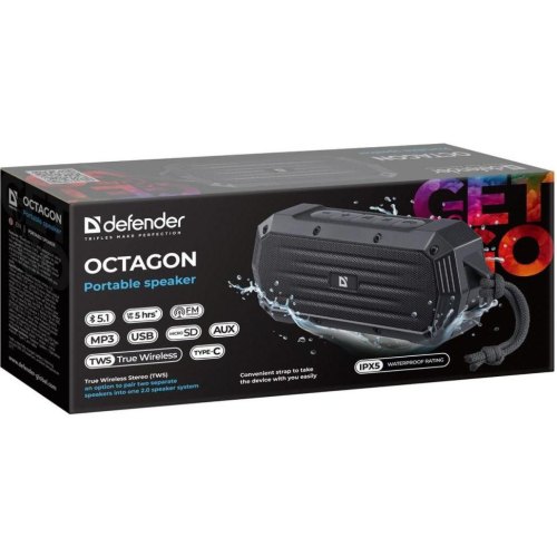 Акустична система 1.0 Defender Octagon 5W, Octagon 5Вт, BT/FM/USB/TF/AUX/IPX5