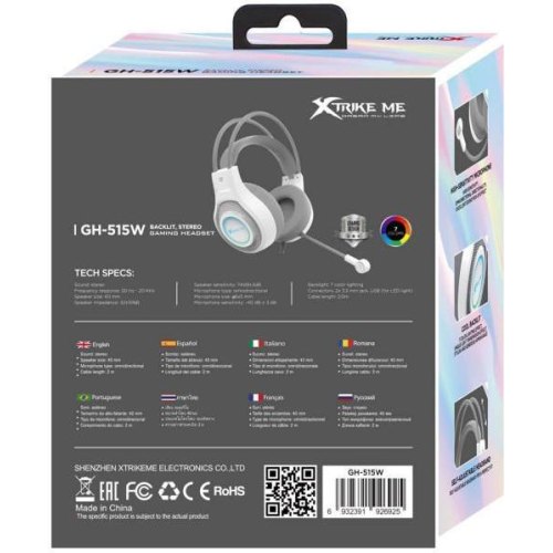 Гарнітура дротова, XTRIKE ME GH-515, USB+3.5мм, 7 режимів RGB, кабель 2м, біла