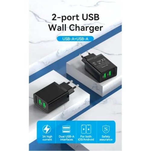 Мережевий зарядний пристрій Vention 2xUSB 36W (2xUSB-A) QC3.0 чорний