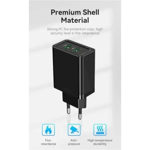 Мережевий зарядний пристрій Vention 2xUSB 36W (2xUSB-A) QC3.0 чорний