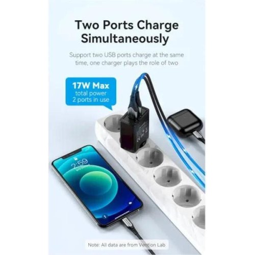 Мережевий зарядний пристрій Vention 2xUSB 36W (2xUSB-A) QC3.0 чорний