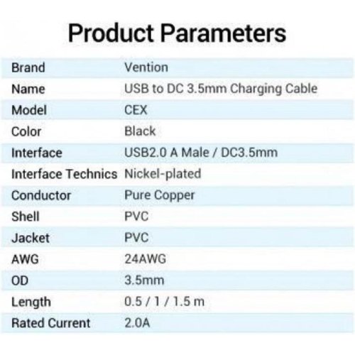 Кабель живлення Vention USB AM - 3.5mm DC Power PVC 5V 2A, Black 1.0 m