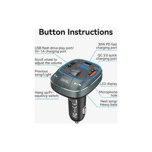 Автомобільний FM-трансміттер Vention PD 54W 3-Port USB (C+A+A) LED/USB Flash/Bluetooth, вольтметр