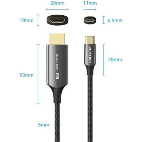 Кабель Vention USB 3.1 Type-C - HDMI, 1.8m 8K 60 Гц Zinc Alloy TPE Black