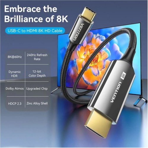 Кабель Vention USB 3.1 Type-C - HDMI, 1.8m 8K 60 Гц Zinc Alloy TPE Black