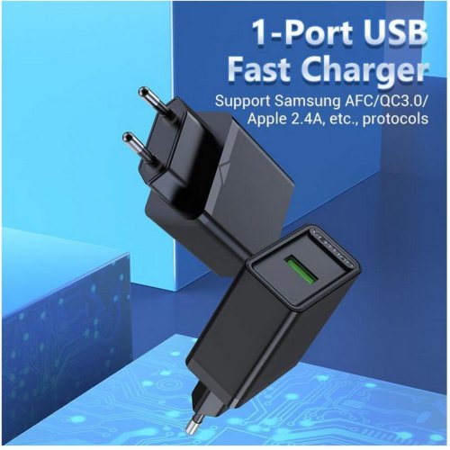 Мережевий зарядний пристрій Vention 1xUSB 18W (USB-A) QC3.0 чорний