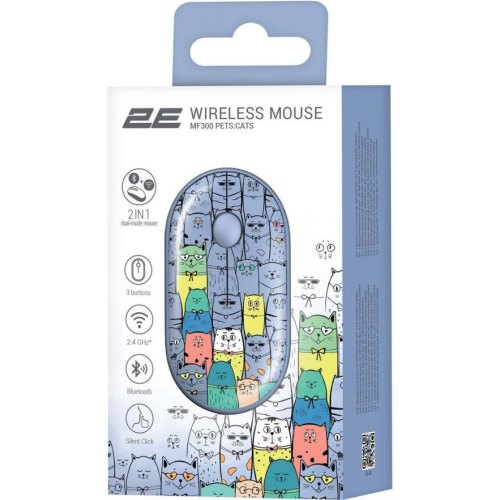 Мишка бездротова, 2E MF300 PETS CATS Silent WL BT, синій