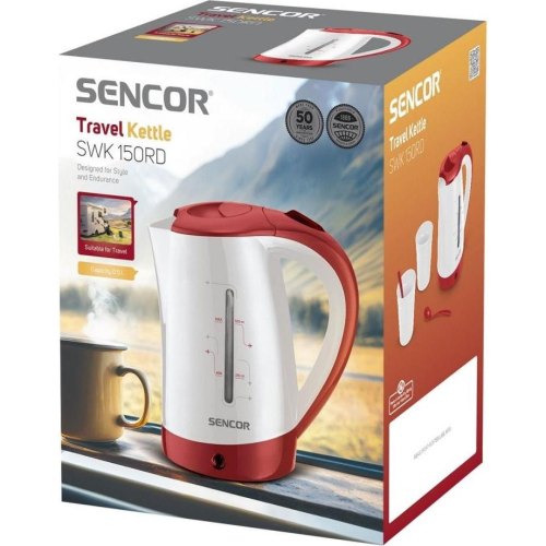 Електрочайник Sencor 0.5л, Strix, пластик, в комплекті 2 склянки + 2ложки, біло-червоний