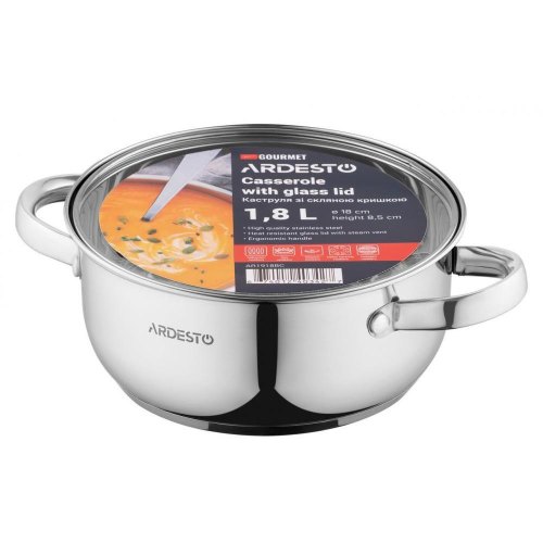 Каструля ARDESTO Gemini Gourmet, скляна кришка, 1.8 л, нержавіюча сталь