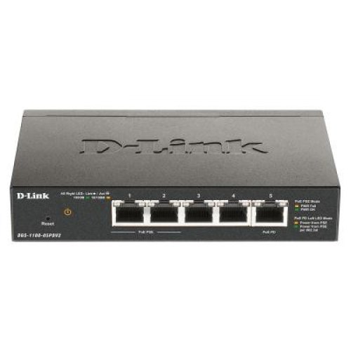 Комутатор D-Link DGS-1100-05PD 5xGE, (2xGE, 2xGE PoE, 1xGE PD), EasySmart