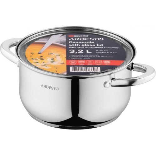 Каструля ARDESTO Gemini Gourmet, скляна кришка, 3.2 л, нержавіюча сталь