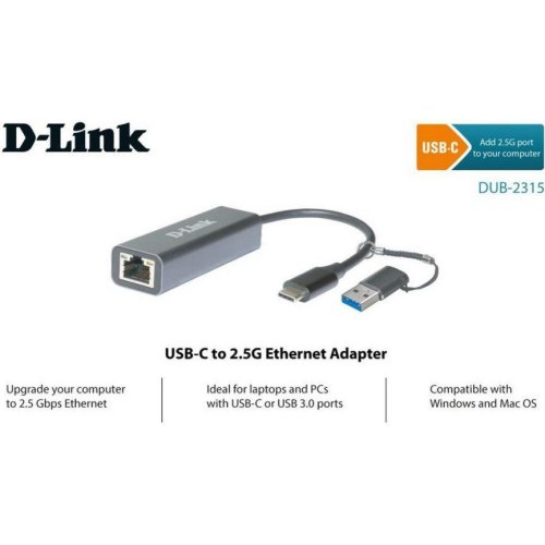 Мережевий адаптер D-Link DUB-2315 1x2.5GE, USB Type-C (з адаптером USB-A)