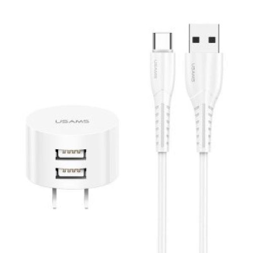 Мережевий зарядний пристрій Usams Travel Charging Set Send-Tu Series (T20 Dual USB Round Charger+U35  lightning cable) White