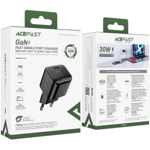 Мережевий зарядний пристрій ACEFAST A77 mini PD30W GaN USB-C charger Black
