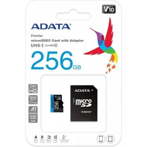 microSDXC (UHS-1) A-DATA Premier 256Gb Class 10 А1 (R-100Mb/s)  (adapter SD)