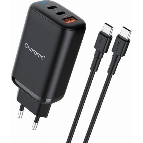Мережевий зарядний пристрій CHAROME C30 PD65W GaN (2*USB-C+USB-A) Charger Set (Type-C to Type-C) Black