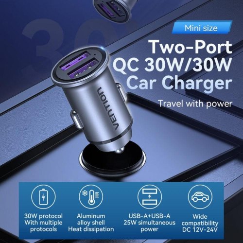АЗП Vention Two-Port USB A+A(30/30) Car Charger Gray Mini Style Aluminium Alloy Type (FFEH0)