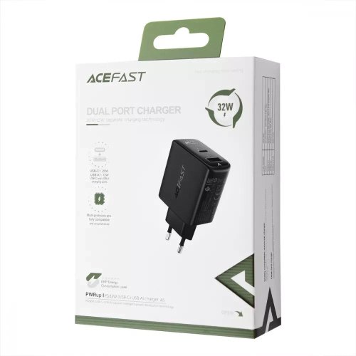 Мережевий зарядний пристрій ACEFAST A5 PD32W(USB-C+USB-A) dual port charger Black