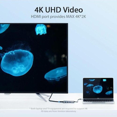 Хаб Vention Type-C to HDMI/USB3.0*3/PD Converter 0.15M Gray Metal Type (CNBHB)