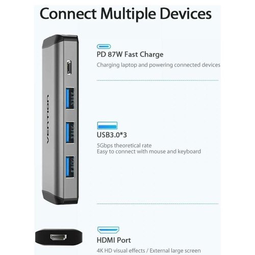 Хаб Vention Type-C to HDMI/USB3.0*3/PD Converter 0.15M Gray Metal Type (CNBHB)