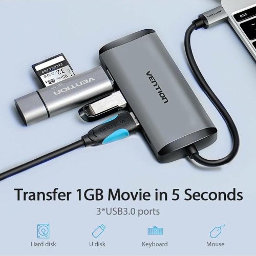 Хаб Vention Type-C to HDMI/USB3.0*3/PD Converter 0.15M Gray Metal Type (CNBHB)