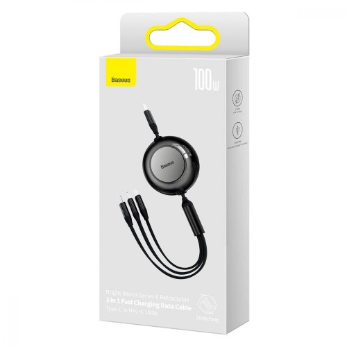 Кабель Baseus Bright Mirror 2 Series Retractable 3-in-1 Fast Charging  Data Cable Type-C to M+L+C 100W 1.1m Black