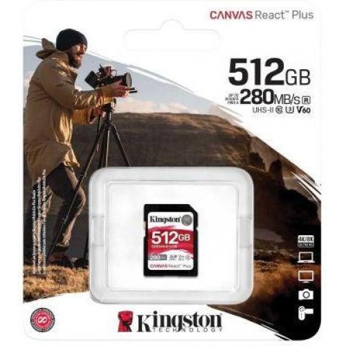 SDXC (UHS-II U3) Kingston Canvas React Plus 512Gb class 10 V60 (R280MB/s, W150MB/s)