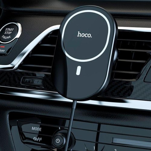 Тримач для мобiльного з БЗП HOCO CA90 Powerful magnetic wireless charging car holder Black